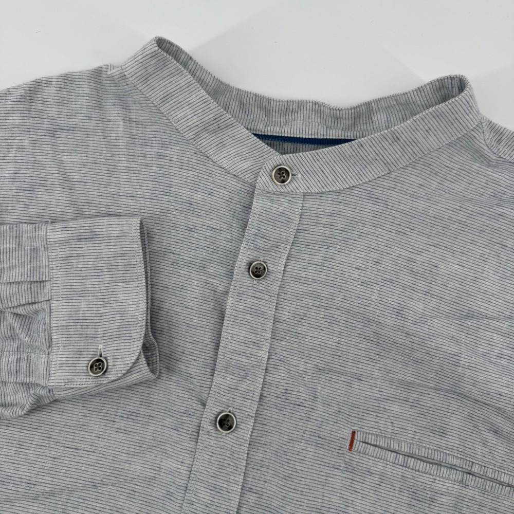 32 Bar Blues Shirt Mens XXL Gray Striped Linen Blend Band Collar Long Sleeve